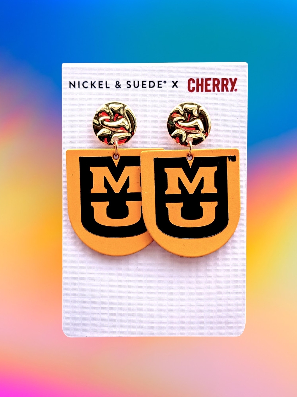 NEW Nickel & Suede x Cherry Yellow MU Logo Drop Earrings
